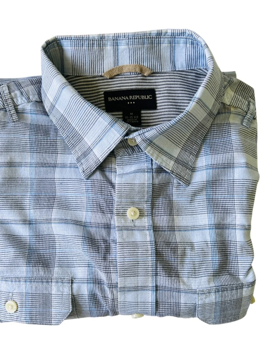 Banana Republic Shirt Size Med Short Sleeve Button Up Blue & White Plaid Retro